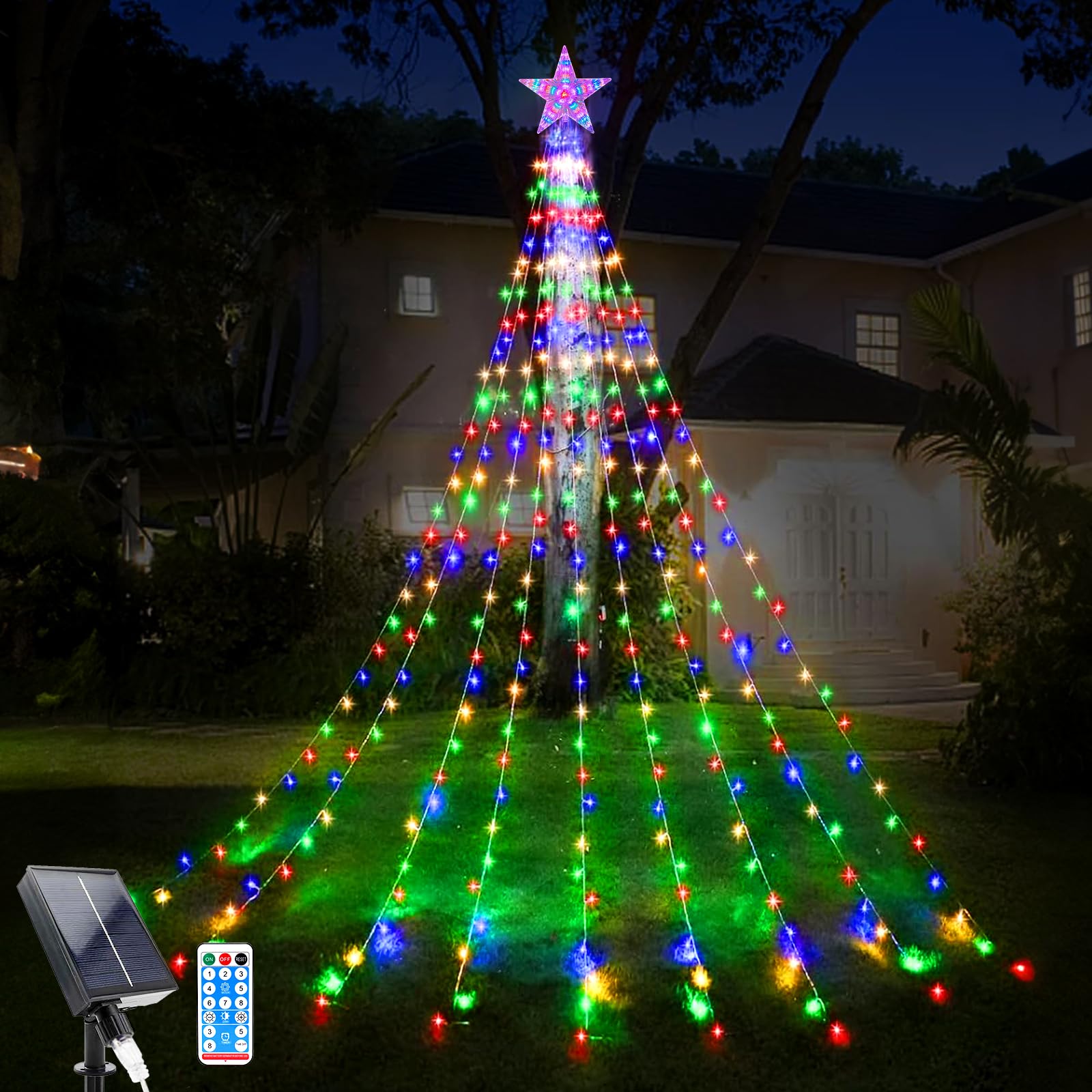 WoskjXas Christmas Tree Waterfall Lights, 2m/ 6.56ft x 9 Lines Solar String Light with Topper Star and Remote, 198 LEDs Waterproof Fairy Lights with 8 Lighting Modes for Indoor Outdoor Xmas Decor