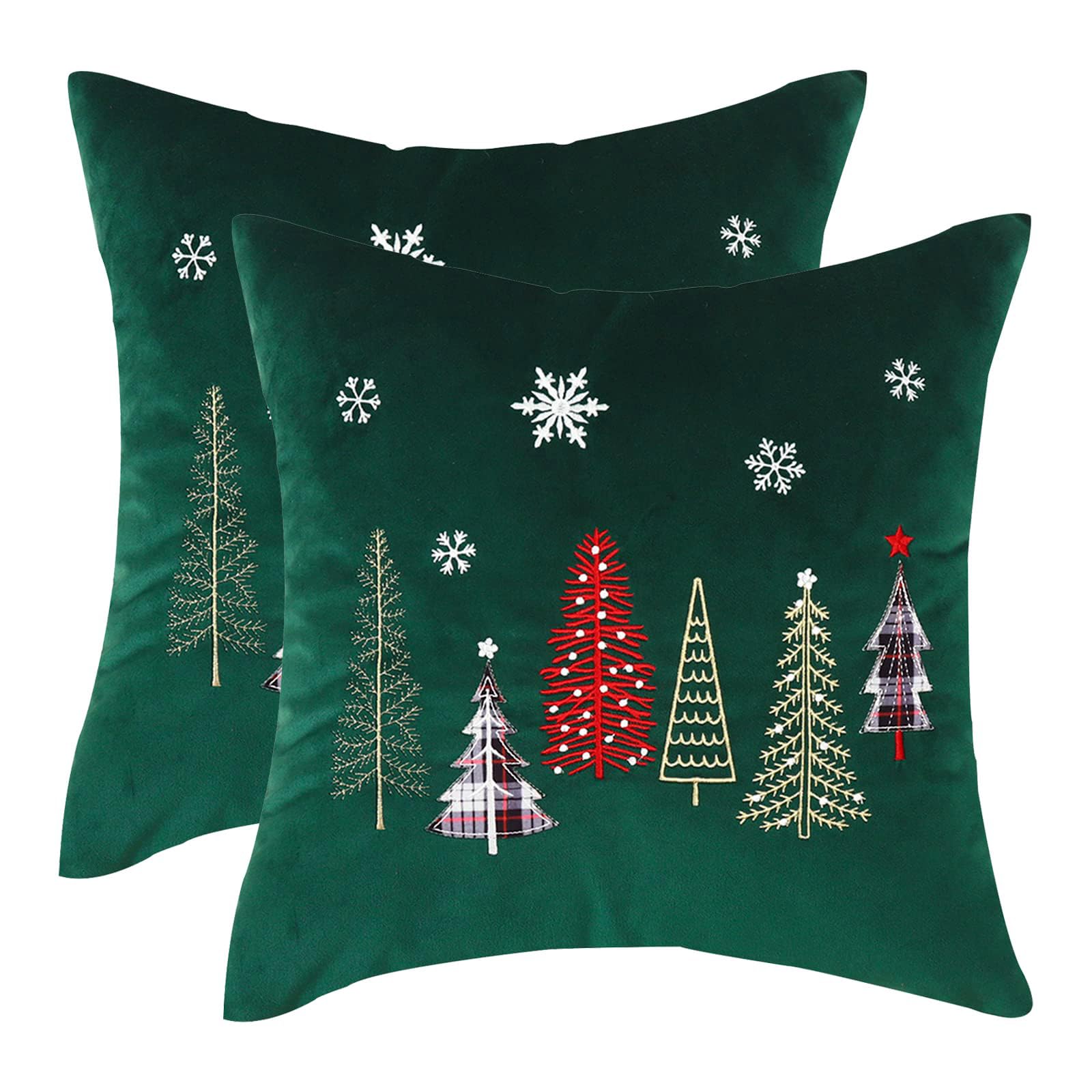 Tosleo Christmas Embroidery Throw Pillow Covers 16x16 inch Set of 2 Velvet Pillowcases Forest Green Christmas Tree Cushion Pillow Cases Soft Square Holiday Pillowcase — image 1