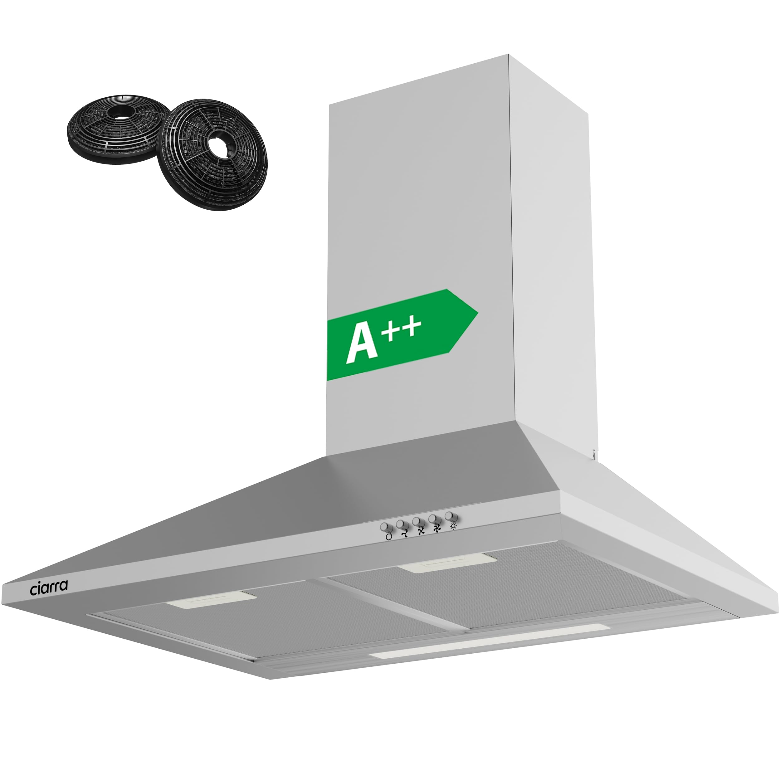 CIARRA Cooker Hoods 60cm CBCS6201 Stainless Steel Chimney vent Hood 600mm with Carbon Filters Recirculating Ducting Wall Mounted Kitchen Ventilation Extractor Fan