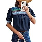 Dokotoo Summer Tops for Women Casual Crewneck Puff Short Sleeve Boho Pleated Shirts Embroidered Blouses Tunic