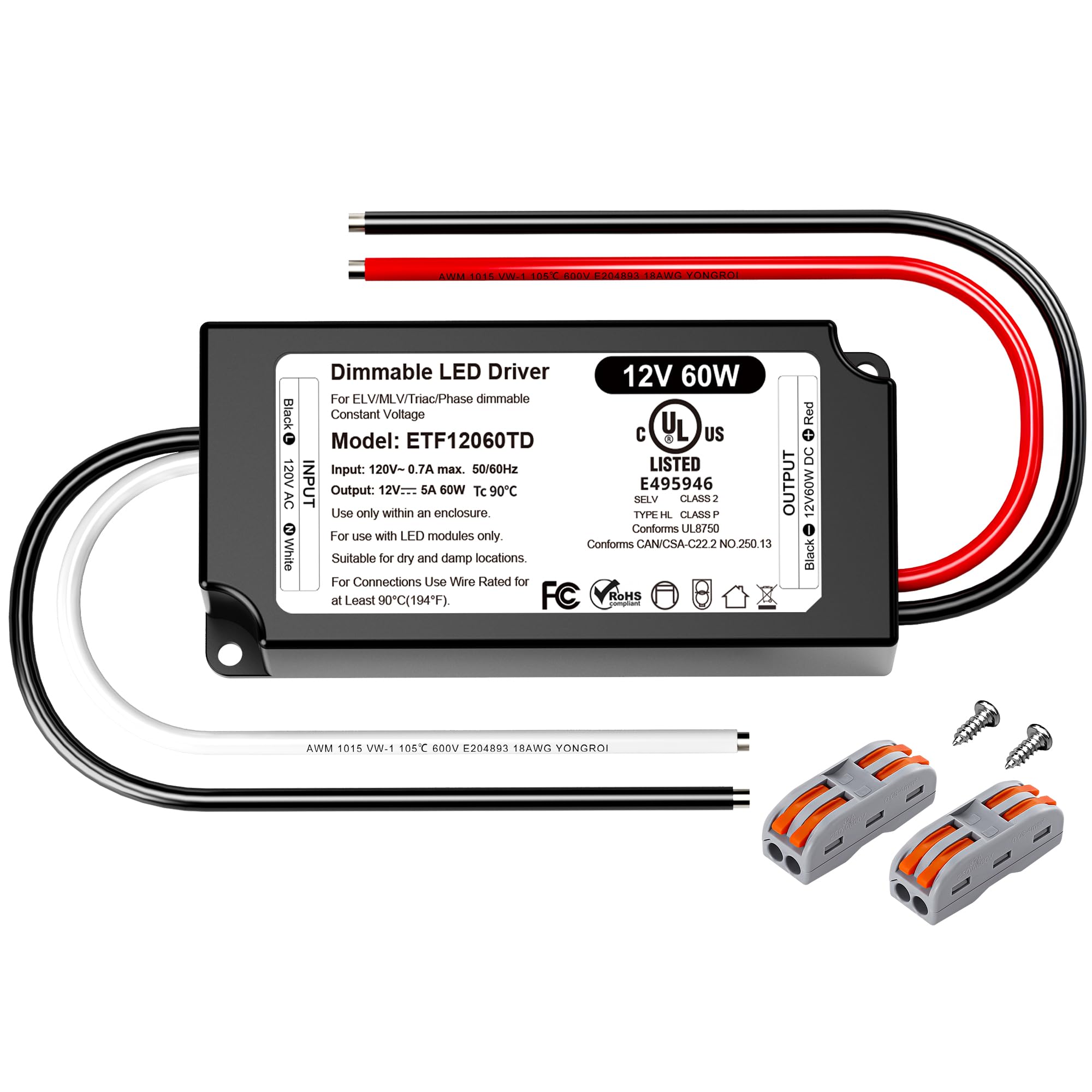 Photo 1 of VEURCHY 12V Dimmable LED Driver 60W UL Listed, 120V to DC 12V Triac ELV/MLV LED Transformer Compatible with Lutron & Leviton Switches 60 Watt LEDs Power Supply 12 Volt for Strip Cabinet Light