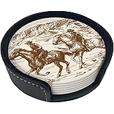 Western Desert Vintage Cowboy Coasters for Drinks Round Leather Coaster with Holder Set of 6 for Tabletop Protection Desk Accessories Office Home Room Decor