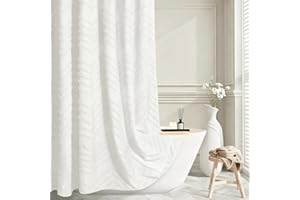 White Boho Farmhouse Shower Curtain Fabric for Bathroom-Hotel Spa Grade, Textured Polyester Waterproof Cloth Curtains-Include