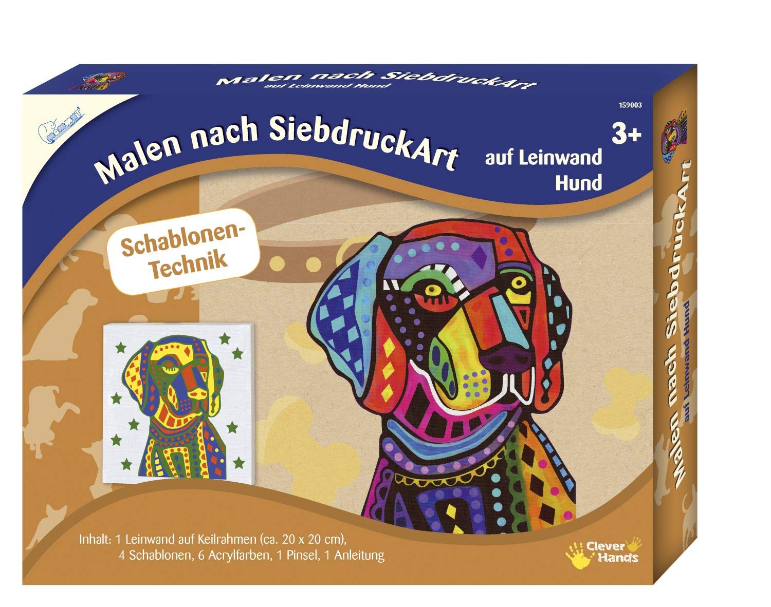 Mammut 159003 Painting by Screen Print Art Animal Design Dog Complete Set with Canvas on Stretcher Frame 4 Stencils, 6 Acrylic Paints, Brush and Instructions [Cannot guarantee instructions are in English] Painting Set for Children from 3 Years