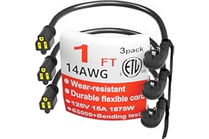 HUANCHAIN 14 Gauge 1 Feet (3 Pack) Flat Plug Extension Cord Black Indoor Outdoor, Heavy Duty 3 Prong Grounded Low Profile Extension Wire Flexible, 15A 1875W 125V 14AWG SJTW, ETL Listed