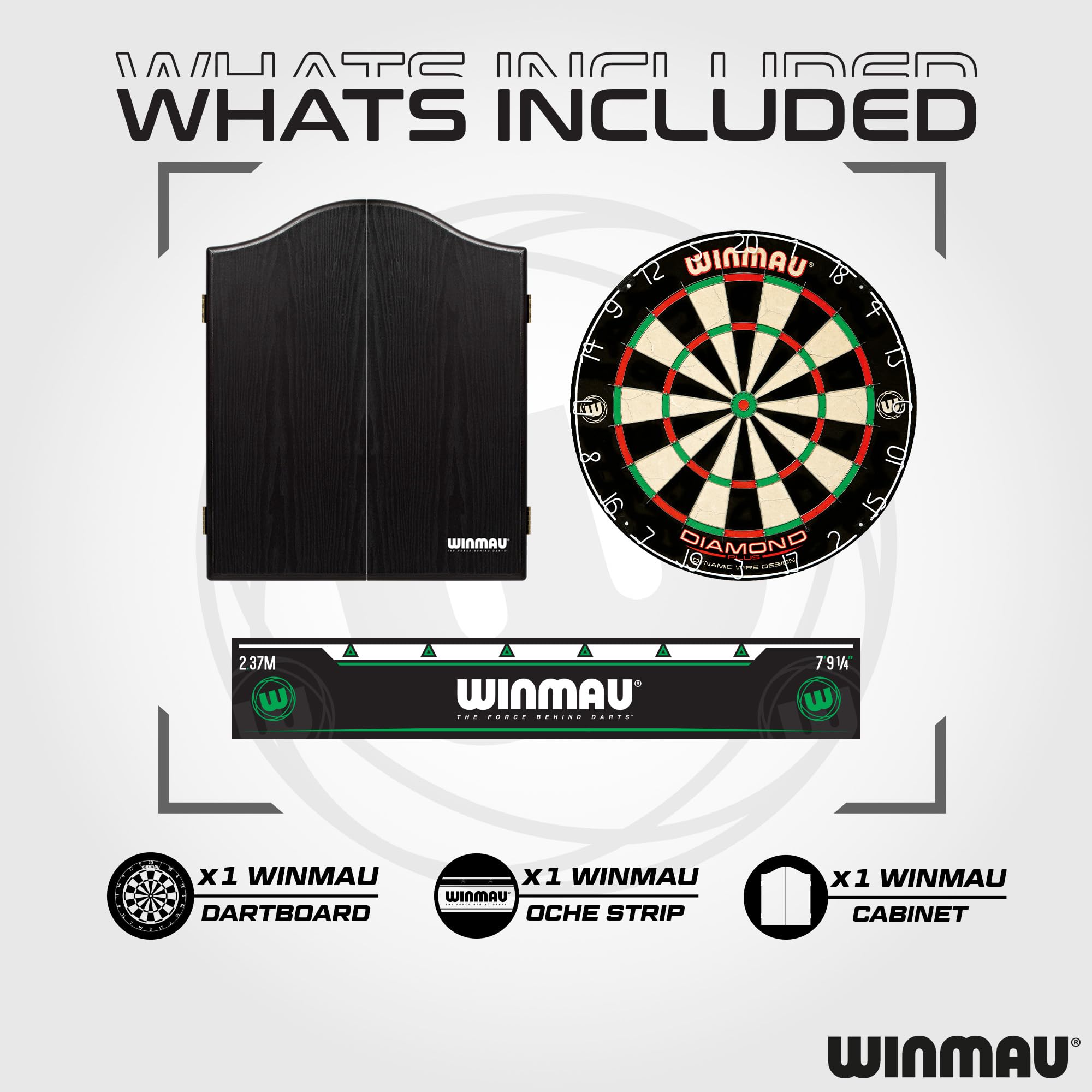 WINMAU Diamond Plus Dartscheibe Steeldart Set – Professionelles Sisal-Dartboard mit schwarzem Schrank, 2 Dart-Sets, Abwurflinie, Kreide & Handtuch. Komplettes Dartboard-Set für Zuhause. 2