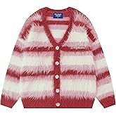Aelfric Eden Color Blocking Striped Fuzzy Cardigan Crewneck Vintage Oversized Button Down Knit Cardigans Sweater Tops
