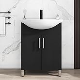 LUCKWIND 24 Inch Black Laundry Sink Cabinet Set with Ceramic Belly Bowl Sink and Faucet - Bathroom Vanity Combo, Ceramic Util