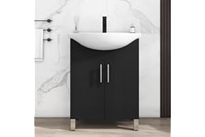 LUCKWIND 24 Inch Black Laundry Sink Cabinet Set with Ceramic Belly Bowl Sink and Faucet - Bathroom Vanity Combo, Ceramic Utility Sink for Laundry, Utility Room, Bathroom, Kitchen