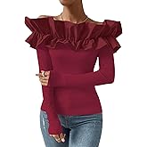 OYOANGLE Women's Long Sleeve Rib Knit Ruffle Off Shoulder Blouse Party Tops Shirt