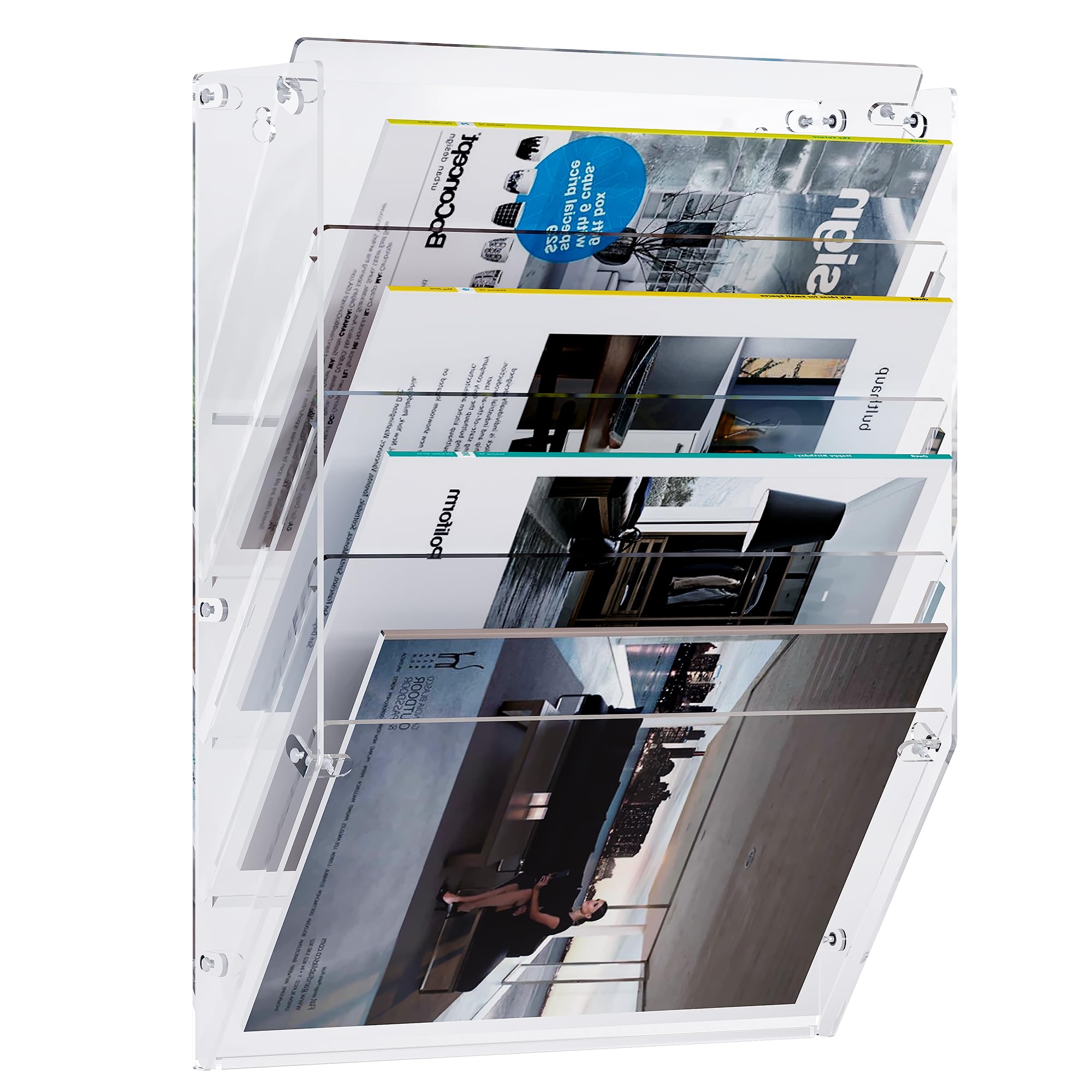Photo 1 of TQVAI Acrylic Hanging Wall File Organizer, 5 Tier Clear Mail Document Paper Storage Holder, Office Homeschool Wall Organization for Magazine, Bill, Letter, Brochures, Clipboard