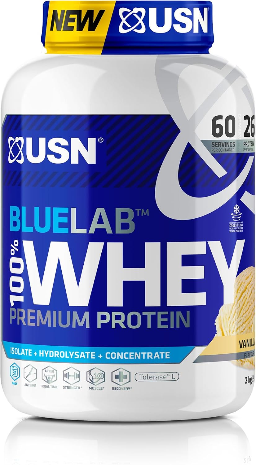 USN Blue Lab Whey Protein Powder: Vanilla, Whey Protein 2kg, Post-Workout, Whey Isolate