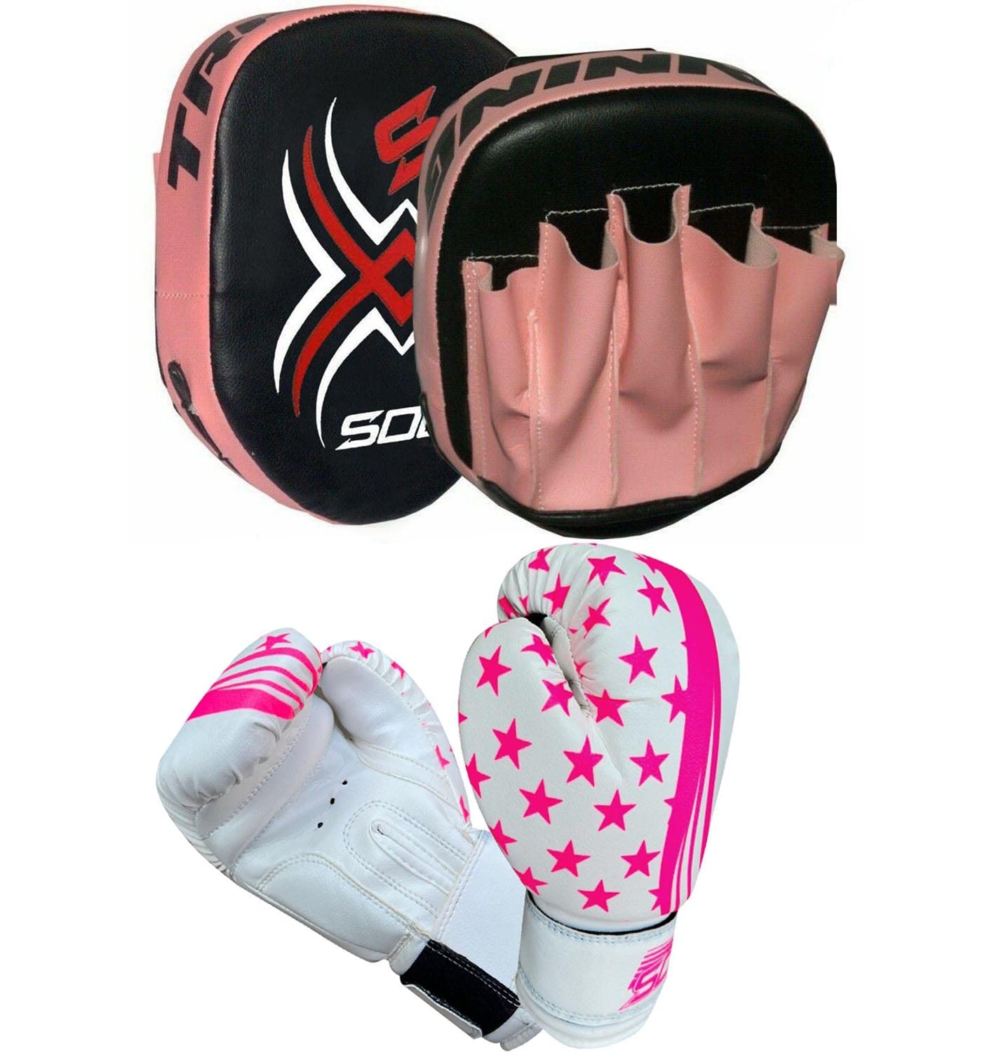Kids Boxing sparing, Training Gloves & Punching pads Rex leather Kids/Junior Bag Gloves Fitness Boxing Set Hook & Jab Pads Focus Punch Target Strike Mitts (Pink/White)