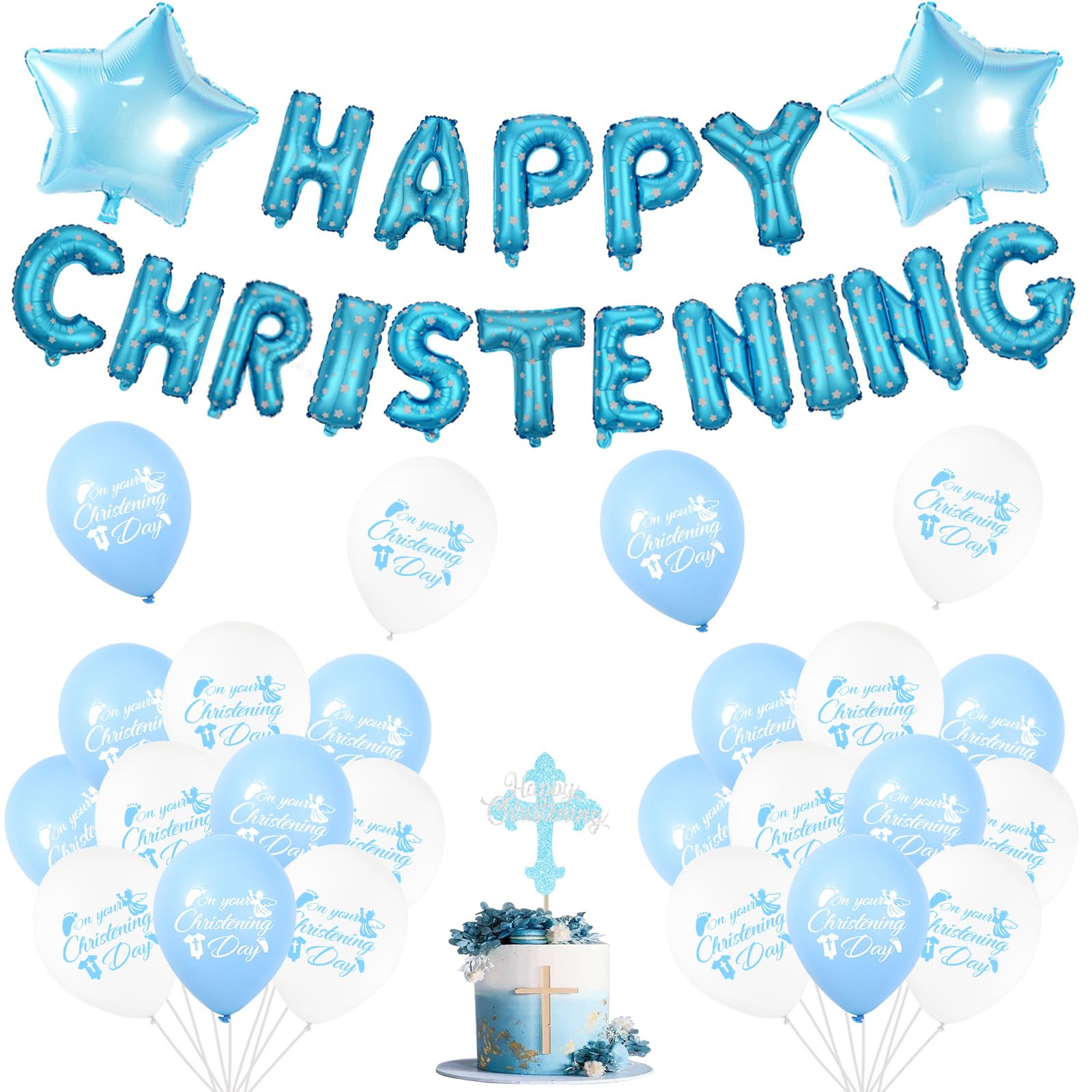 Sursurprise Christening Decorations Blue, Happy Christening Balloons Banner Cake Topper, First Holy Communion Confirmation Decor, On Your Christening Day Baby Shower Baptism Party Supplies