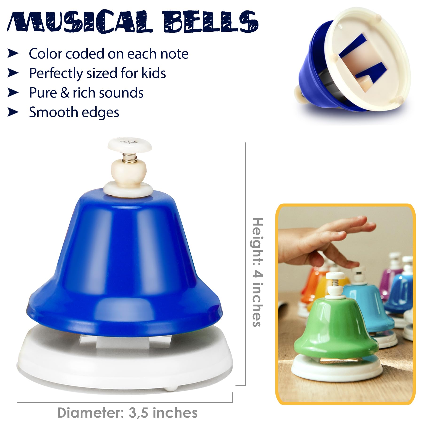 MINIARTIS Desk Bells for Kids | Educational Music Toys for Toddlers 8 Notes Colorful Hand Bells Set | Kids Musical Instrument with 15 Songbook | Great Birthday Gift for Children