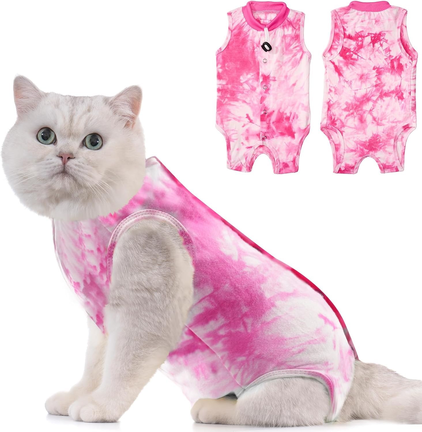 Avont Cat Recovery Suit Post Surgery, Elizabethan Collar & Cone Alternative, Kitten Onesie Pet Surgical Spay Shirt for Abdominal Wounds or Skin Diseases -Tie-dye Pink(S)