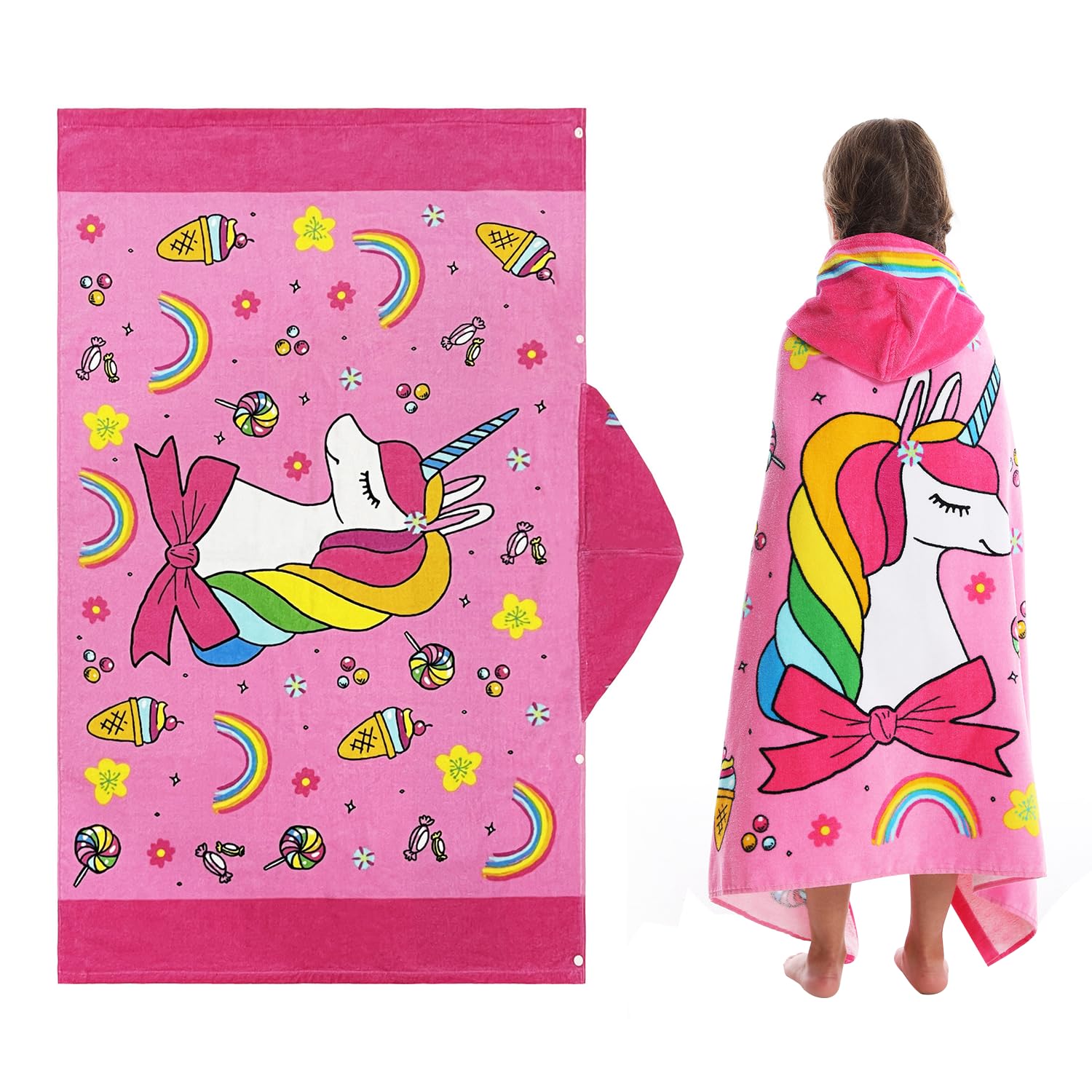 FLYISH DIRECT Kids Towels with Hood, Absorbent Thick Kids Bath Towel with Hood, 100% Cotton Beach towel kids, Girls Hooded Towels for Kids, Bowknot Unicorn — image 1