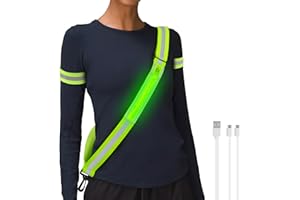 HENMI LED Reflective Belt Sash with Two Arm Reflective Tapes,3 Light Modes Adjustable Length Rechargeable Reflective Running Gear for Men Women Running Cycling Walking and Dog Walking