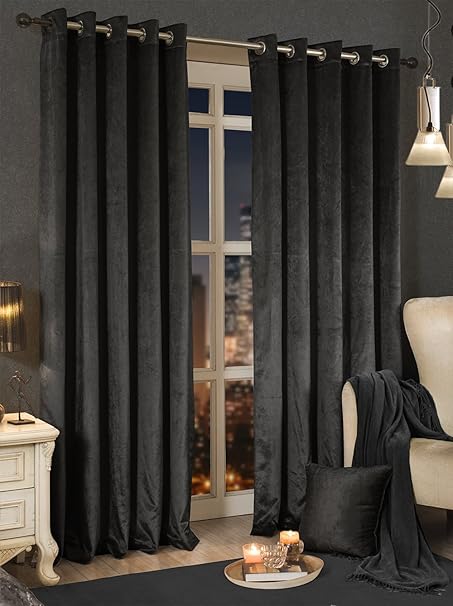 Chantal Faux Velvet Pair Of Lined Eyelet Curtains Black 66 X 90