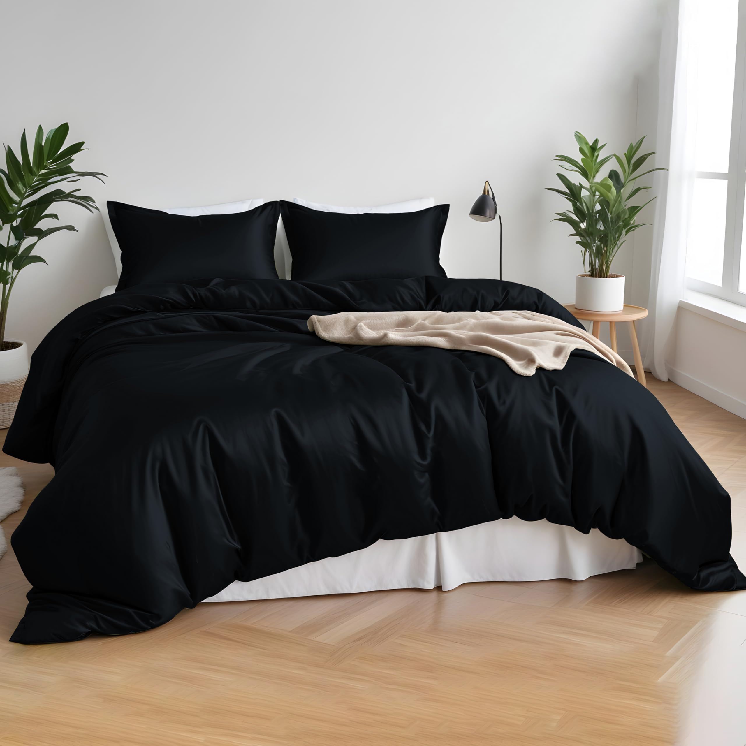 LINENWALAS Premium Organic Bamboo Core Bedding Set 3PC Set with Bamboo Duvet Cover, Fitted Sheet & Pillowcase - Softest, Cooling & Perfect for Skincare (Single, Jet Black) — image 1