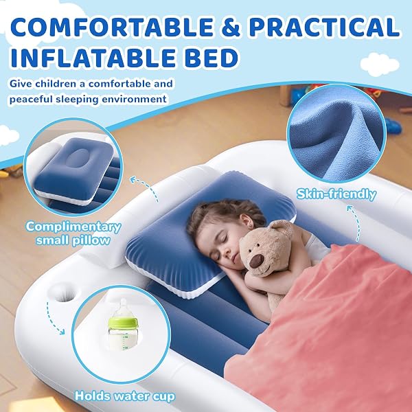 DEETECK INFLATABLE TODDLER TRAVEL BED – 60 INCHES PORTABLE TODDLER BED FOR TRAVEL WITH SAFETY SIDES – COZY KIDS AIR MATTRESS SET WITH BUILT-IN ELECTRIC PUMP & CARRY CASE- EASY TO INFLATE – SEA BLUE