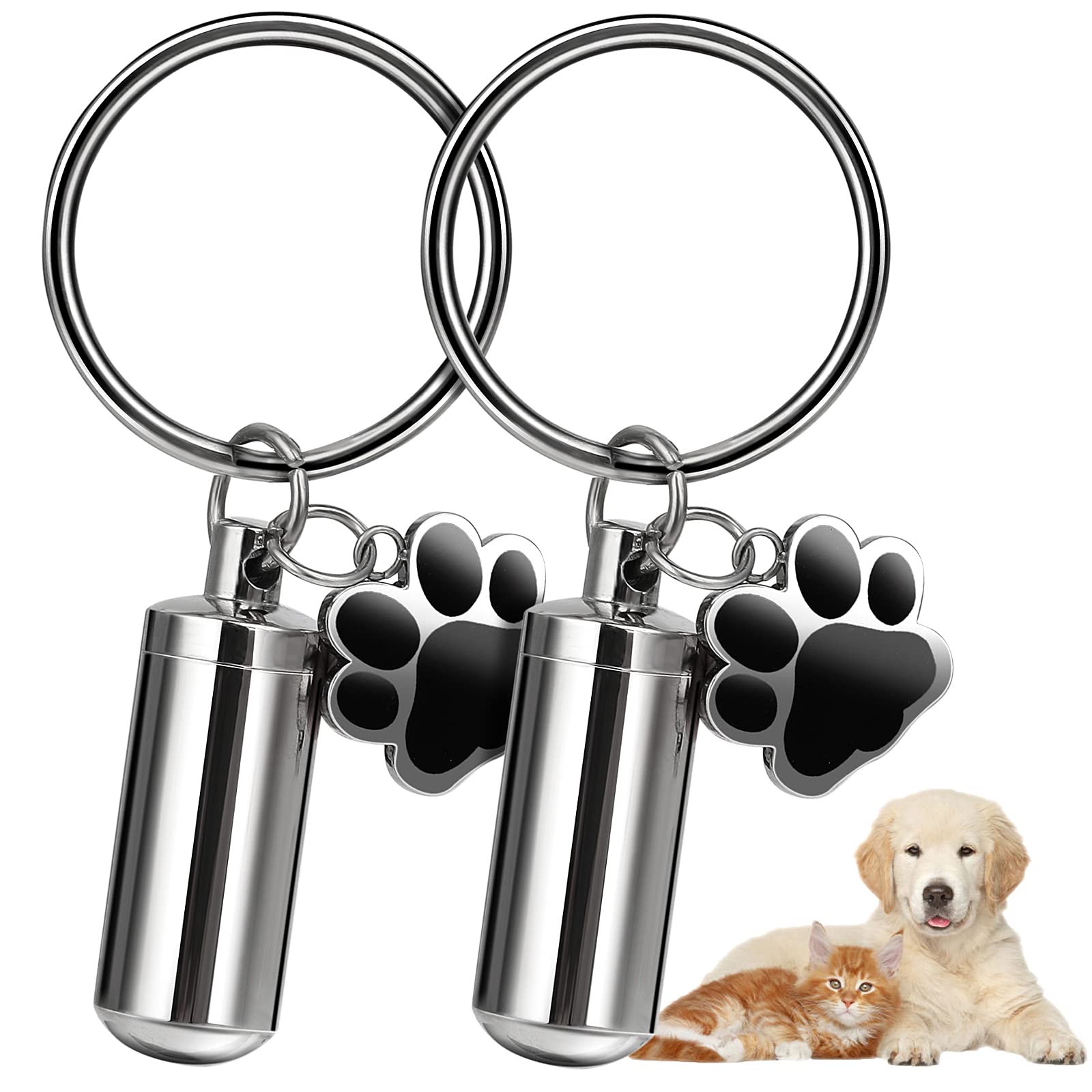 2Pcs Dog Urn Keychain for Ashes, Stainless Steel Pet Keepsake Keychain for Dogs Cats, Personalized Mini Cremation Memorial Urn