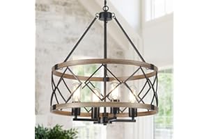Farmhouse Chandelier for Dining Room 4-Light Rustic Chandeliers Drum Wood Grain Pendant Light Fixture Modern Industrial Chand