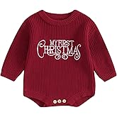 Lesimsam Newborn Baby Boy Girl Christmas Outfit Knit Sweater Romper Oversized Long Sleeve Bubble Bodysuit Warm Winter Clothes (First Christmas-Red, 9-12 Months)