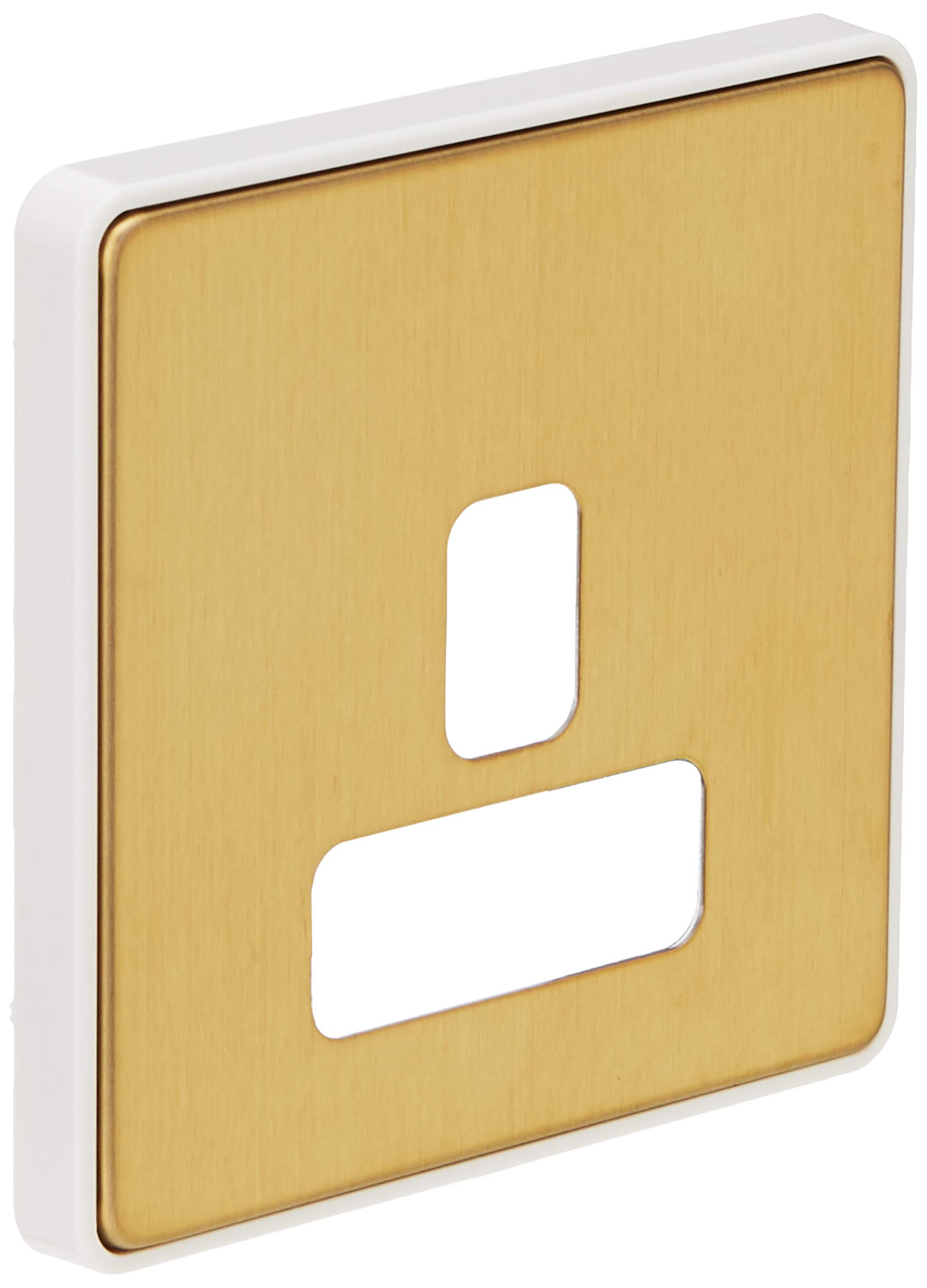 MK Dimensions 1 Gang 13A Dual Earth Socket Satin Brass Finish Frontplate with A White Trim