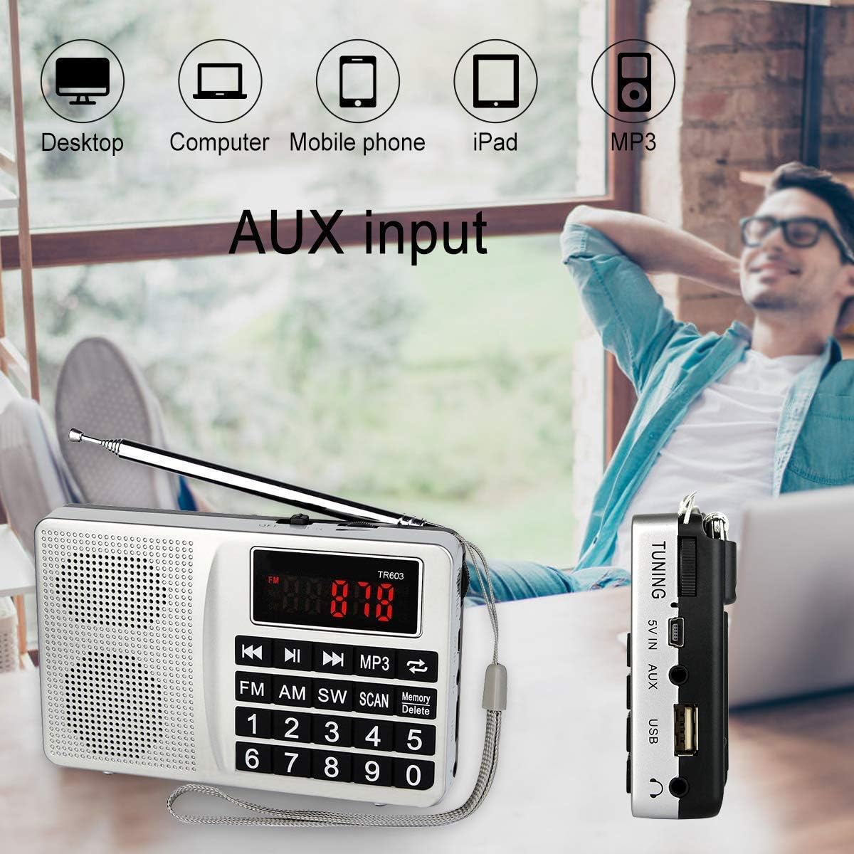 TIVDIO TR603 Portable AM FM Radio, Shortwave Transistor Radio, Rechargeable Mini MP3 Player Support TF, USB, AUX Input Ideal Gift for Senior (Silver) : Camera & Photo
