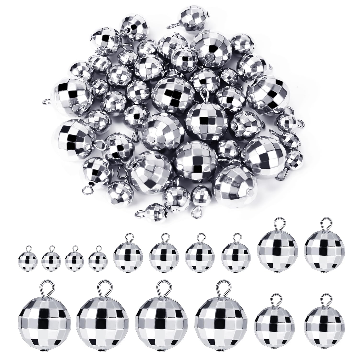 48pcs Disco Ball Pendants, Bright Mini Disco Balls Charms Silver Disco Ornaments Round Mirror Beads Accessories Small Reflective 70s Disco Party Decoration for Holiday Cake Jewelry Making DIY Crafts