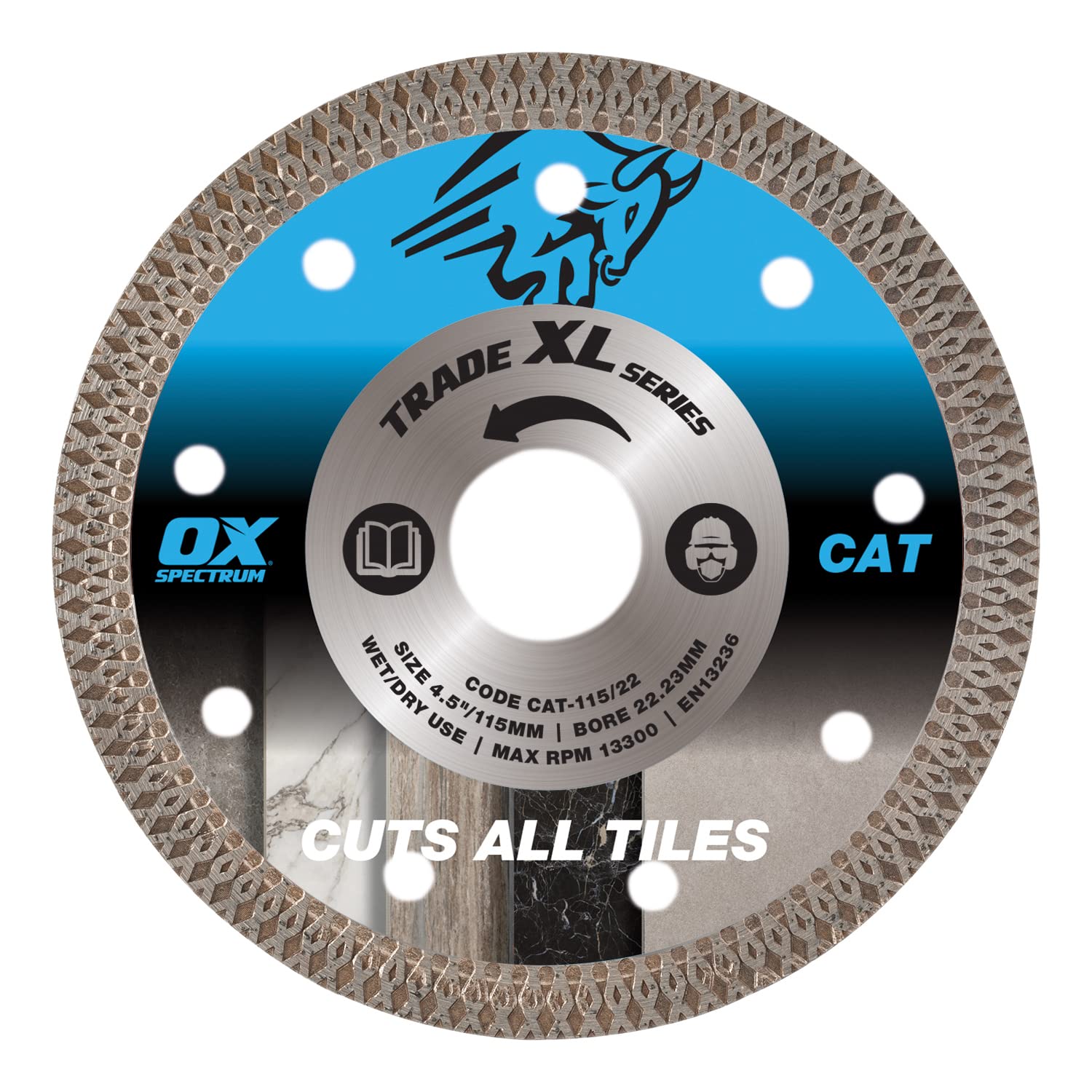 OX Trade XL Cuts All Tiles Diamond Blade – 115mm Dia x 22mm Bore, Ultra-Thin 1.3mm Segment Long Life Blade for Ceramic & Medium-Hard Natural Stone, Chip Free Cutting, Wet & Dry Cut, CAT-115/22
