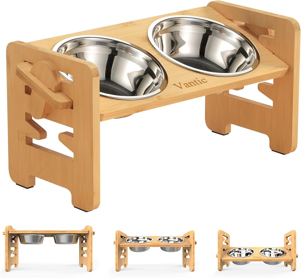 Vantic Raised Dog Bowls with Stand 6 Height Adjustable Bamboo Feeding Station