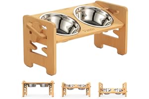 Vantic Elevated Dog Bowls, Adjustable Raised Dog Bowl Stand for Small Puppy and Cats, Sturdy Bamboo Pet Food Feeder with 2 Stainless Steel Dishes, Natural