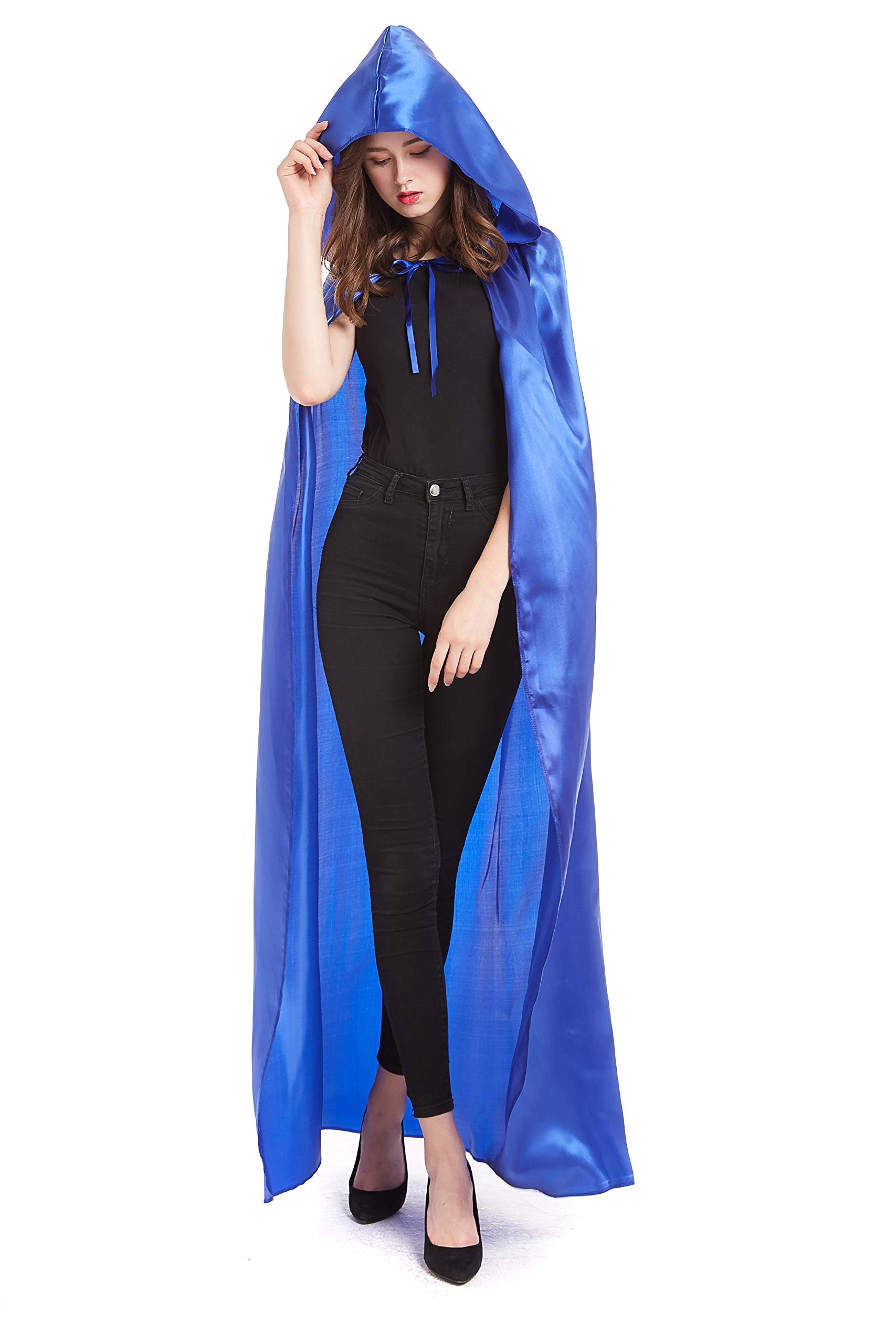DIFLY 59-inch Satin Hooded Cape Unisex Halloween Cloak Devil Witch Wizard Halloween Christmas Cosplay (Blue)(Size: L)