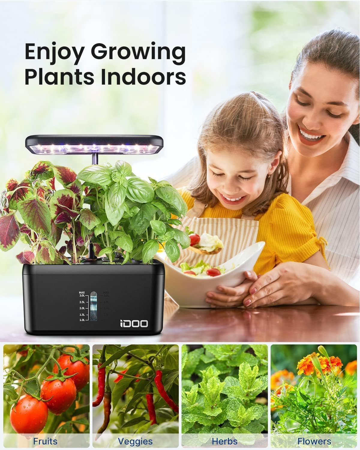 iDOO Hydroponics Growing System Kit 8Pods, Birthday Gifts for Mom Women, Herb Garden Indoor with LED Grow Light for Home School, Built-in Pump, Auto-Timer, Adjustable Height Up to 15