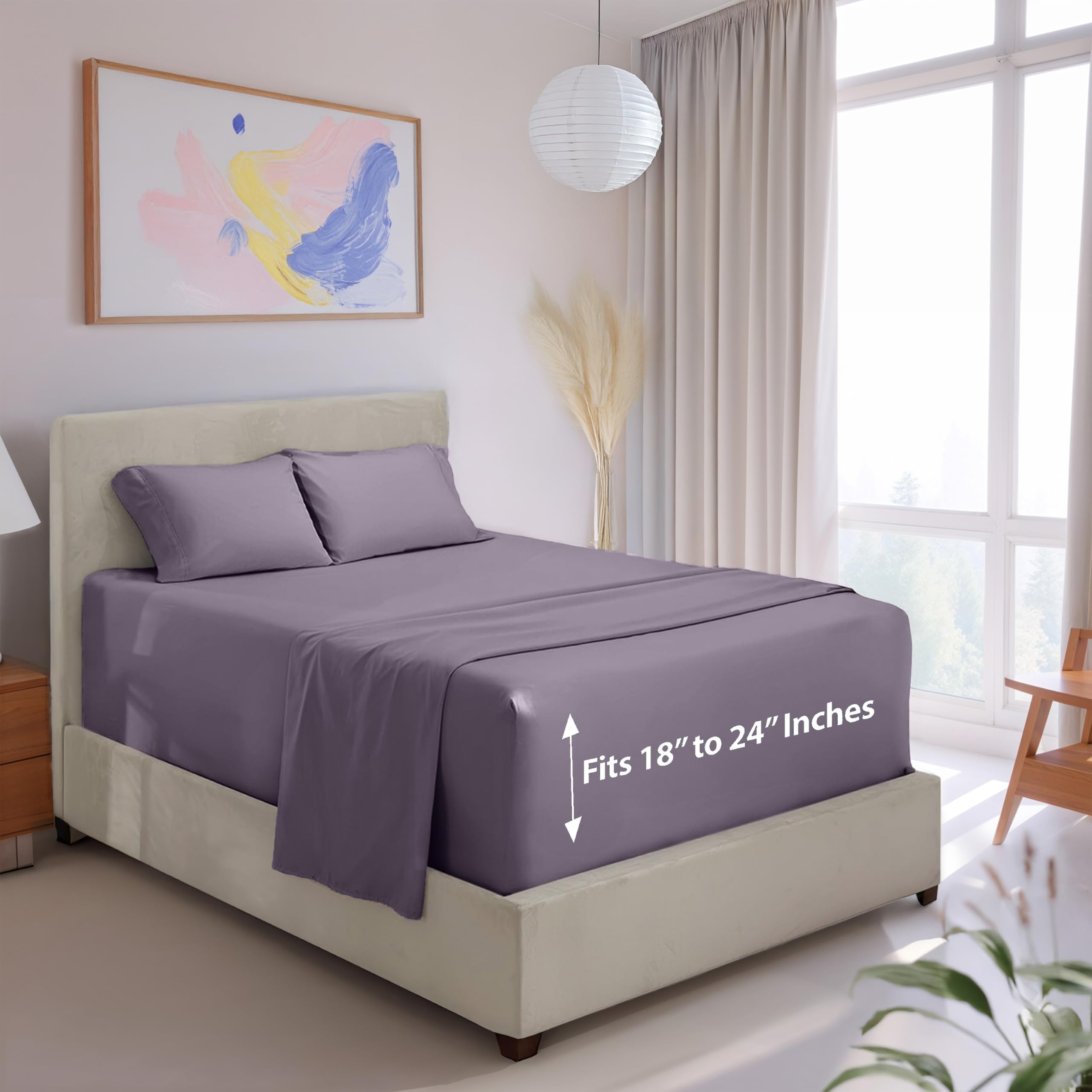 Hearth & Harbor Extra Deep Pocket California King Sheets - 4 Piece Hotel Luxury California King Sheet Set Fits Up to 24" Mattress - Ultra Soft Luxury Bed Sheet Set - Cal King, Grayish Purple Image