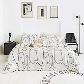YuHeGuoJi Geometric Duvet Cover Queen 100% Cotton 3 Pcs Set 1 Black White Abstract Face Patterned Duvet Cover with Zipper Ties 2 Pillowcases Modern Artistic Drawing Line Print Bedding Set Soft