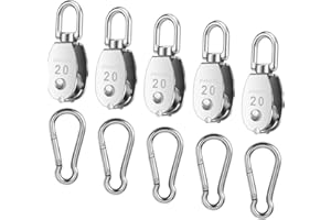 Oualhoo 5 PCS 304 Stainless Steel M20 Silver Single Pulley Block Wire Rope Hanging Wire Towing Wheel, Lifting Crane Pulley, with 5 PCS Spring Snap Hook