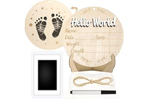 XCMVCN Baby Announcement Sign, 5.9 Inch Round Wooden Hello World Newborn Signs, Birth Announcement Sign: Equipped with Ink Pad Can Baby Handprints and Footprints for Photo Prop Hospital Nursery Gift