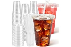 100 Pcs Clear Plastic Cups with Flat Lids and Straws, 16 oz Disposable PET Iced Coffee Cups - Ideal for Ice Coffee, Smoothie,
