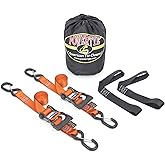 PowerTye 1.5in x 6ft Ergonomic Ratchet Tie-Down Kit w/Latching Hooks, Soft-Tyes, and Storage Bag - Made in USA - 1,000 lb. WLL / 3,000 lb. Breaking Strength - Orange (Kit)