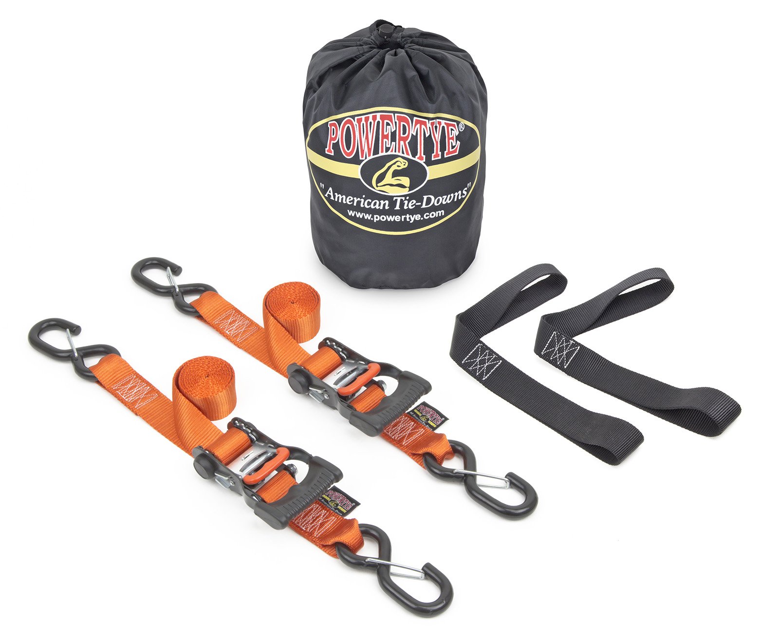 1½" x 6ft PowerTye Made in USA Ergonomic Ratchet Tie-Down Kit with 1½"x18" Soft-Tyes and Storage Bag, Orange (Pair)