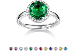 BESTYLE 925 Sterling Silver Birthstone Rings for Women Girls with Clear 2ct Heart/Round/Teardrop/Square Crystal, Solitaire Diamond Halo Open Bands Cubic Zirconia Rings Adjustable Size#6-#12