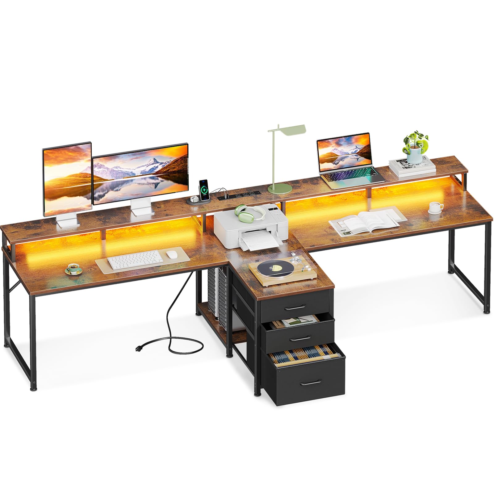 Photo 1 of Casaottima 94 Inch 2 Person Home Office Computer Desk with Power Outlet & LED Light, Fabric Drawers & File Cabinet, Long Writing Desk with Monitor Stand, Storage Shelves, Study/Work Table, Vintage