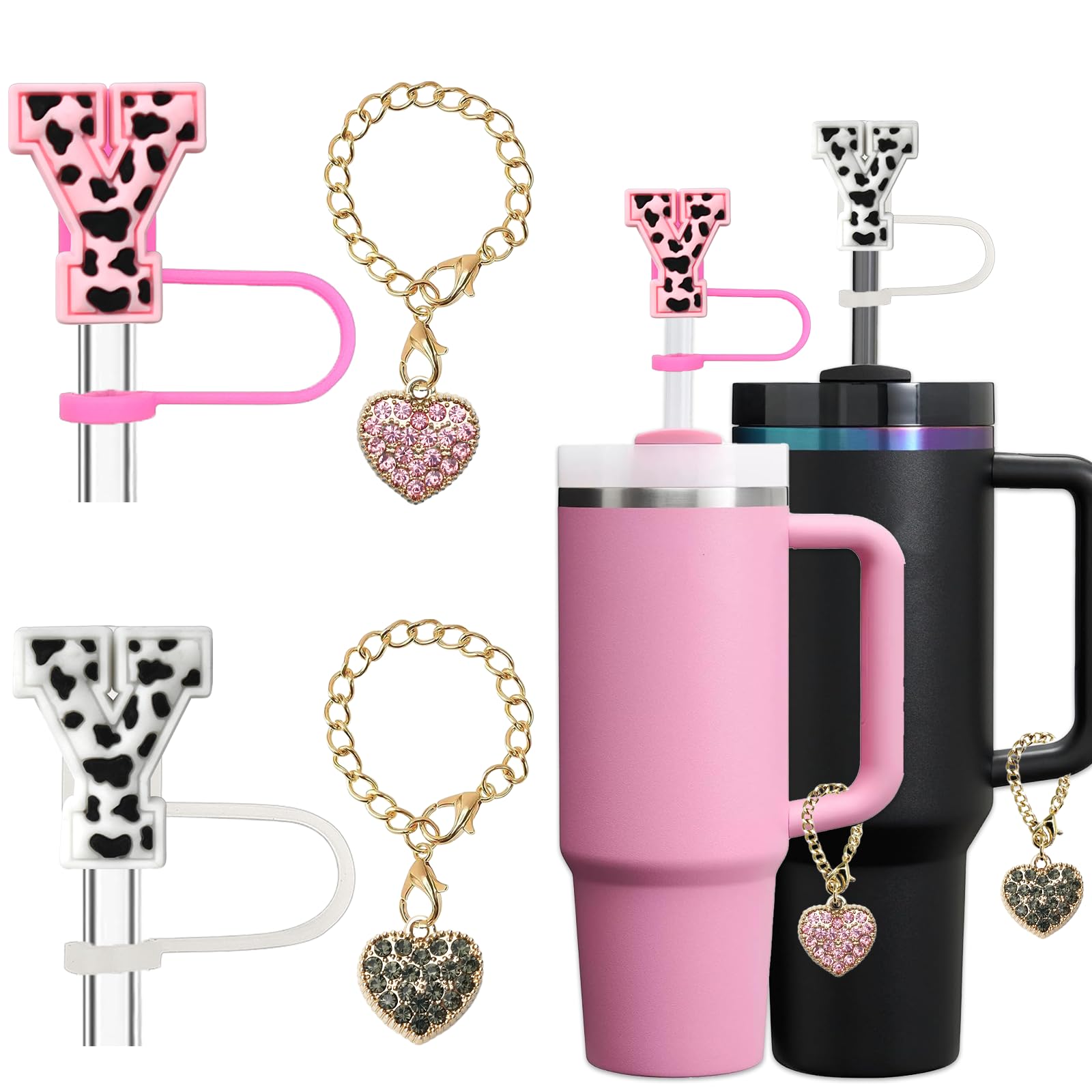 Photo 1 of ?2+2?2 PCs Straw Cover for Stanley Cup 30 & 40 Oz Tumbler Accessories, Leopard Initial Letter Straw Topper Cap Protector Lid with 2 PCs Bling Diamond Heart Stanley Handle Charms (Letter Y)
