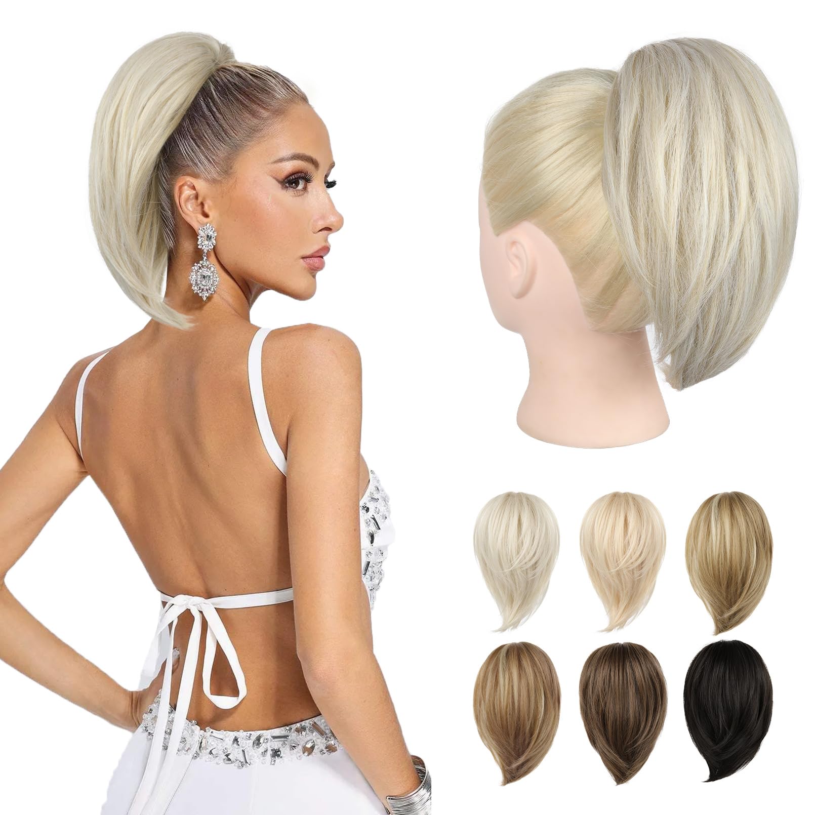 REECHO Ponytail Extension，Claw Clip Hair Bun Hair Piece Short Straight Ponytail Hair Extensions Messy Hair Bun Natural Synthetic Fake Ponytail Hair Pieces for Women- Pearl Blonde