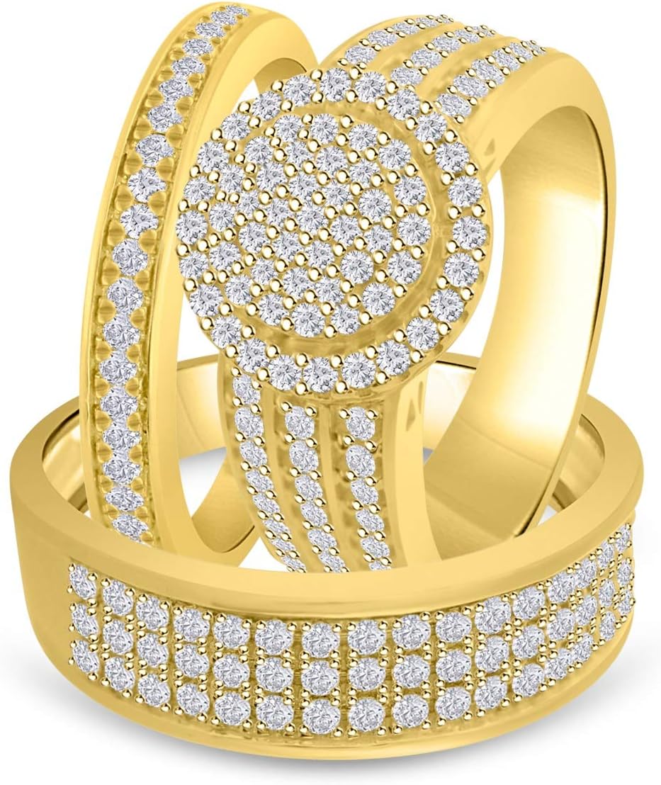 Craft On Jewelry 14k Yellow Gold Over Men's & Women Trio Set Him & Hers Bride & Groom Halo Cluster Wedding Band Engagement Trio Ring
