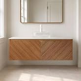 48" Floating Bathroom Vanity with Sink, Brown Oak-Finish Fluted Cabinet | Round Ribbed Clear Glass Vessel Sink, White Sintered Stone Countertop, 2-Door Plywood Storage Cabinet, Soft-Close Doors