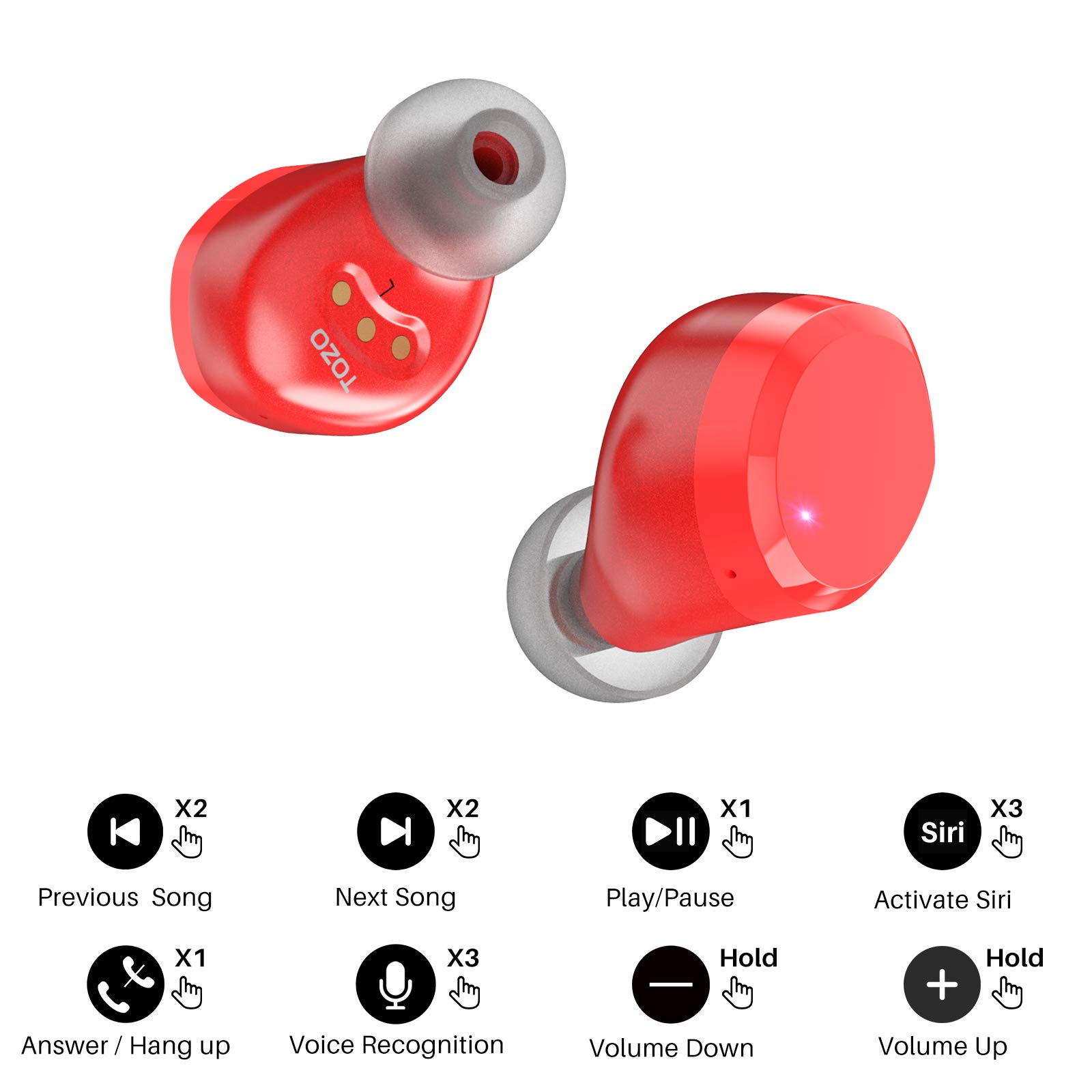 TOZO T12 Wireless Earbuds Bluetooth 5.3 Headphones Premium Sound Performance Touch Control LED Digital Display Wireless Charging Case Earphones Red